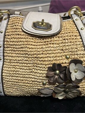 Vintage Coach Natalie Hamptons Straw Floral Tote Bag Zebra Lining 16763 RARE
